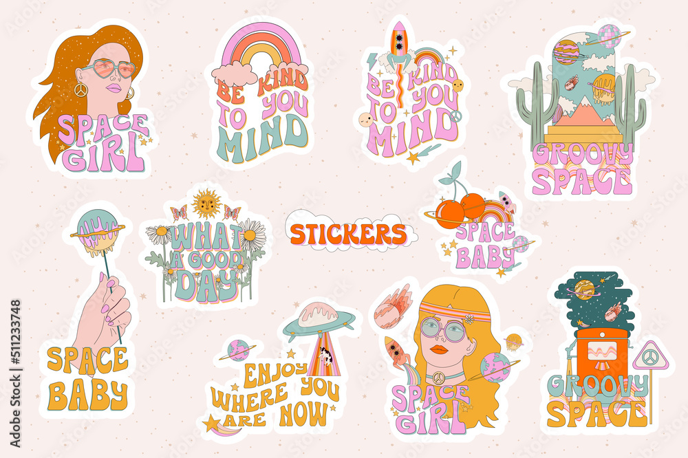 Collection of retro stickers. Hippie girls, 70s elements, space and pop art.  Ready made label. Editable vector illustration Stock Vector | Adobe Stock