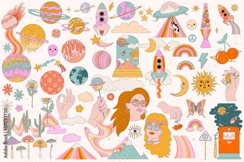Collection of retro space elements with hippie girl, pop art, 70s elements, psychedelic illustration. Editable Vector Illustration