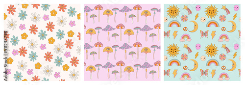 Collection of retro hippie seamless pattern with groovy space, psychedelic elements. Editable vector illustration.