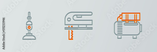 Set line Air compressor, Vacuum cleaner and Electric jigsaw icon. Vector