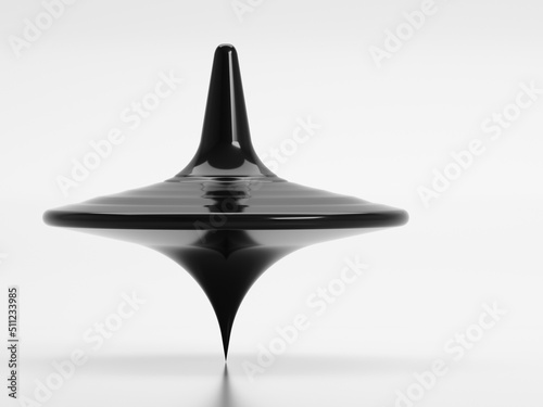 Shiny black whirligig rotates on a white background, close up 3d