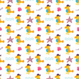 Parrot sailor in bandana with starfish and shell on white background, vector seamless pattern