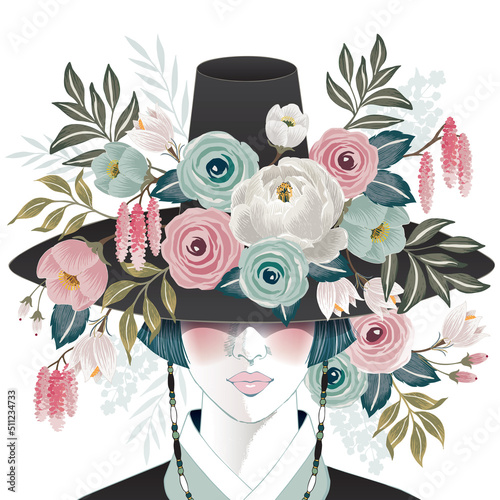 Vector illustration of a beautiful girl wearing a "Gat", Korean traditional hat decorating with flowers. Design for banner, poster, card, invitation and scrapbook 