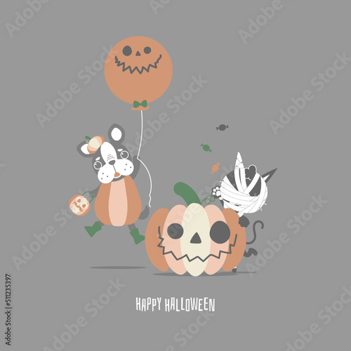 happy halloween holiday festival with cute french bulldog pug  mummy cat and pumpkin  flat vector illustration cartoon character design