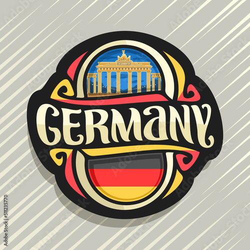 Vector logo for Germany country, fridge magnet with german flag, original brush typeface for word germany and german national symbol - Brandenburg gate in Berlin on blue evening cloudy sky background