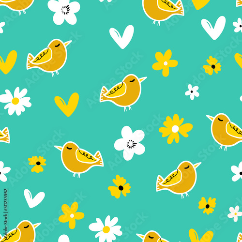 Seamless pattern with funny colorful birds. Color flat vector illustration with little cartoon bird. Cute characters. Template design for invitation, poster, card, flyer, textile, fabric for kids © Alla