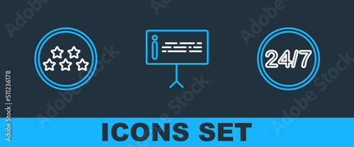 Set line Clock 24 hours, Five stars rating review and Information icon. Vector