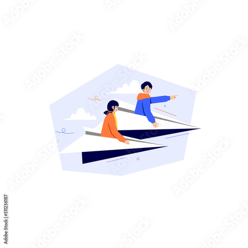 man and woman on a paper plane to the future