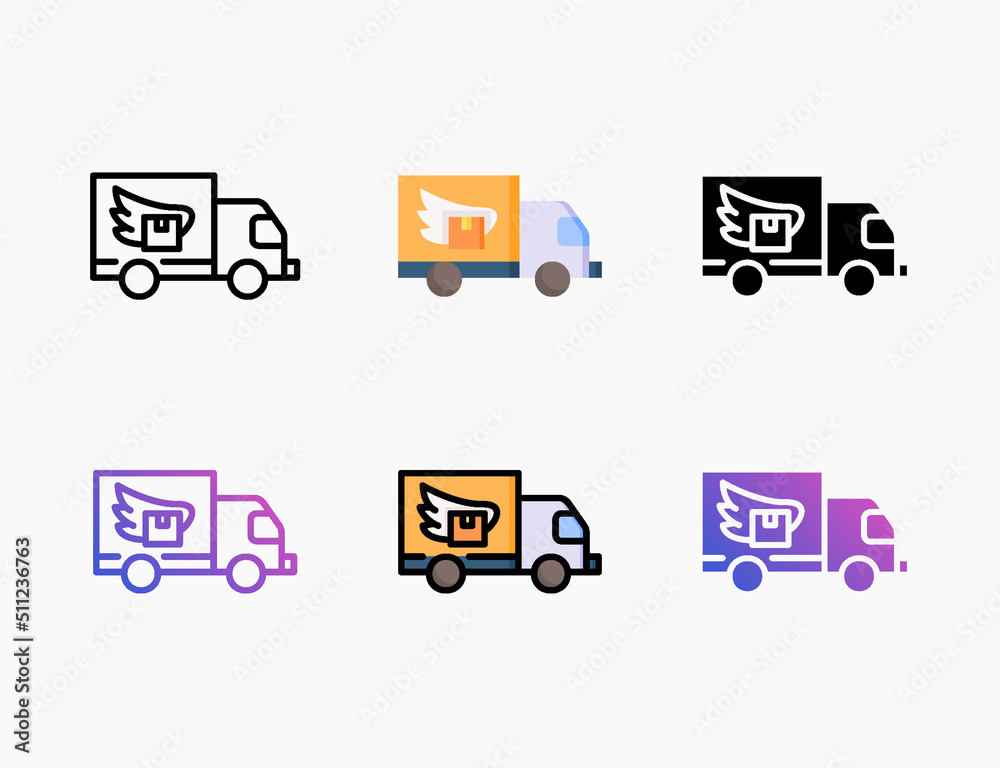 Delivery Truck icon set with different styles. Style line, outline, flat, glyph, color, gradient. Editable stroke and pixel perfect. Used for digital product, presentation, print design and more.