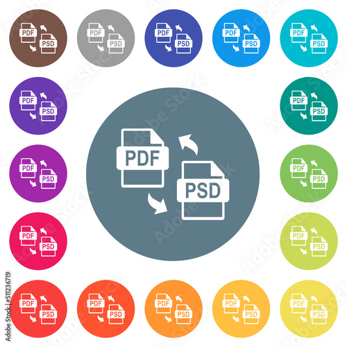 PDF PSD file conversion flat white icons on round color backgrounds