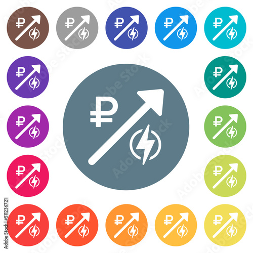 Rising electricity energy russian Ruble prices flat white icons on round color backgrounds