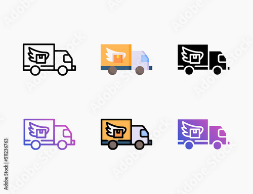 Delivery Truck icon set with different styles. Style line, outline, flat, glyph, color, gradient. Editable stroke and pixel perfect. Used for digital product, presentation, print design and more.