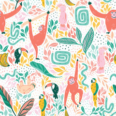 Wandcirkels Kinderkamer patronen Vrolijke jungle met apen en vogels  © Claudia