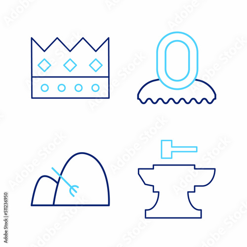 Set line Anvil for blacksmithing hammer, Bale of hay and rake, Medieval hood and King crown icon. Vector