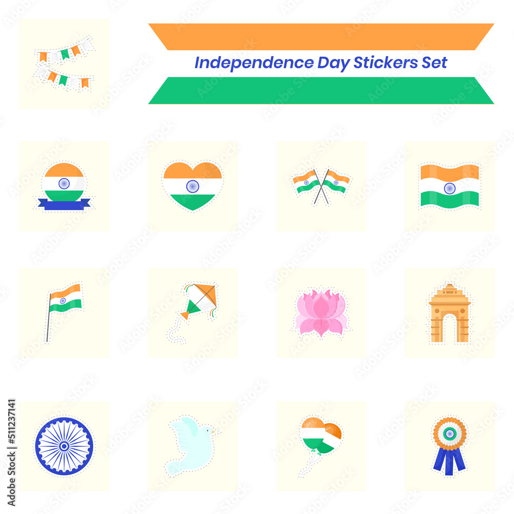 National Festival of Indian Independence Celebration Day Sticker Set.