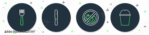 Set line Disposable plastic knife, No trash, fork and Paper glass water icon. Vector