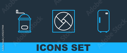 Set line Refrigerator, Manual coffee grinder and Ventilation icon. Vector