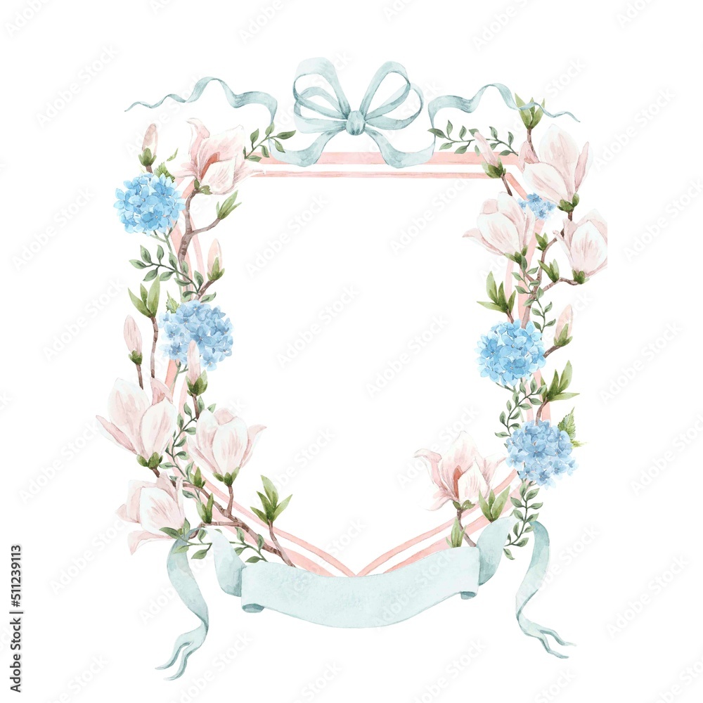 Beautiful floral frame with gentle watercolor hand drawn pink magnolia and blue hydrangea flowers. Wedding clip art stock illustration.