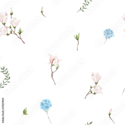 Beautiful seamless pattern with gentle watercolor hand drawn pink magnolia and blue hydrangea flowers. Wedding clip art stock illustration.