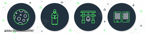 Set line Monk, Japan Gate, Moon and The commandments icon. Vector