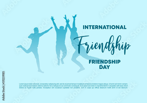 International friendship day background banner poster with three happy people isolated on blue background.
