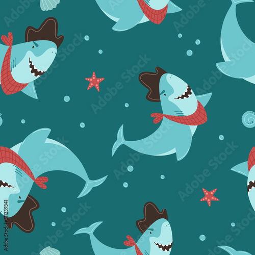 Cute shark pirate vector seamless pattern. Sea shells, starfish and bubbles. Graphic print for baby items