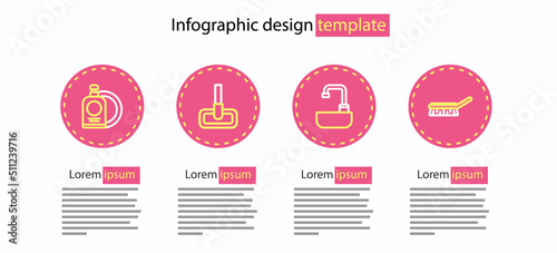 Set line Washbasin with water tap, Brush for cleaning, Mop and Dishwashing liquid bottle and plate icon. Vector