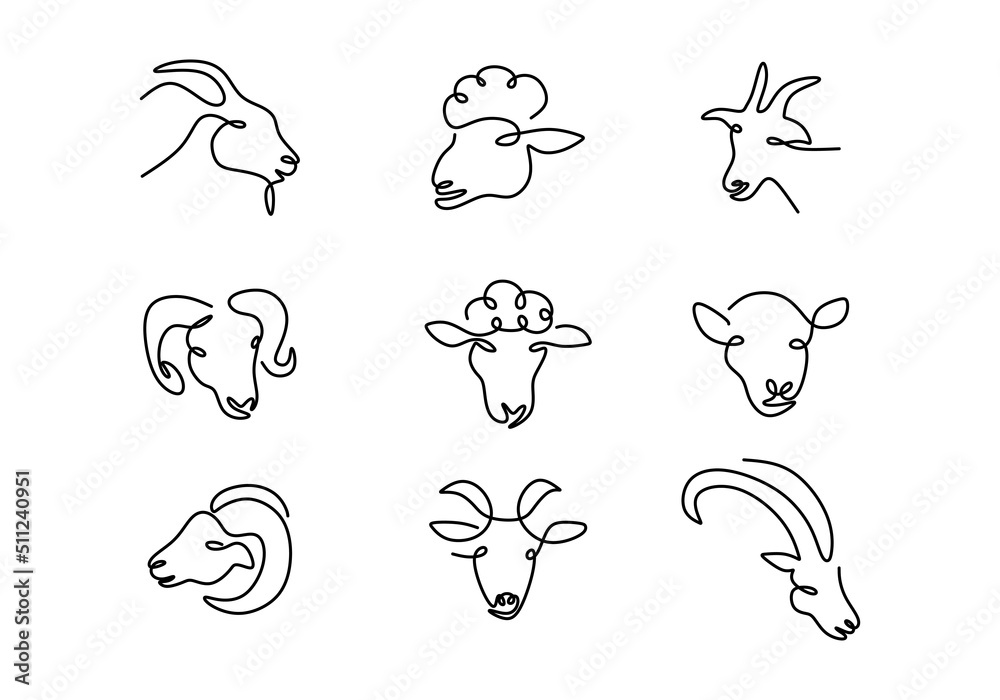 One continuous single line hand drawing of nine goat sheep heads isolated on white background. One continuous single line hand drawing of nine goat sheep heads isolated on white background.