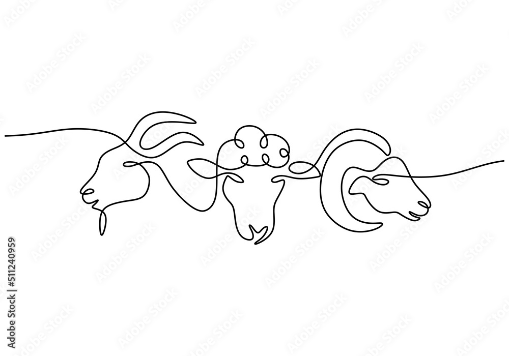 One continuous single line hand drawing of three goat sheep heads isolated on white background.