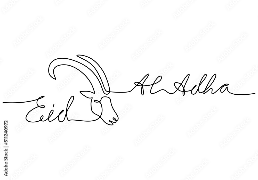 One continuous single line hand drawing of eid al adha background with big goat sheep head isolated on white background.