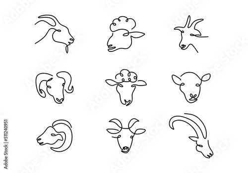 One continuous single line hand drawing of nine goat sheep heads isolated on white background.