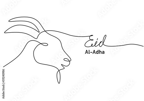 One continuous single line hand drawing of eid al adha background with big goat sheep head isolated on white background.