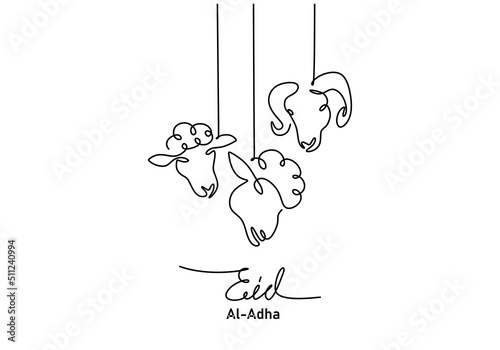 One continuous single line hand drawing of eid al adha background with three hanging goat sheep head isolated on white background.