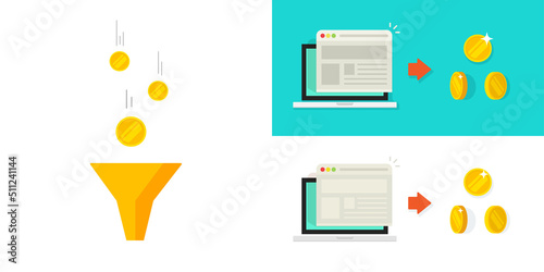 Funnel money flow as conversion vector concept or cone lead generation achievement process graphic from web internet page, marketing channel illustration image