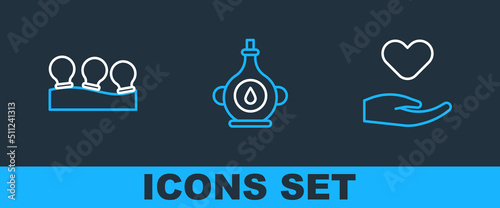 Set line Heart in hand, Vacuum cans and Oil bottle icon. Vector