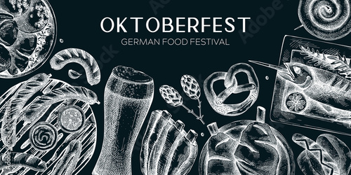 German food background on chalkboard. Oktoberfest menu design. Vector meat dishes sketches. German cuisine banner in vintage style. Traditional Food festival illustration. Beer hand drawing