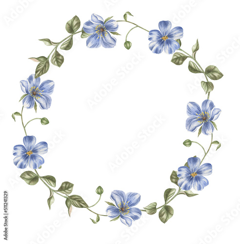 Watercolor delicate flower wreath of blue flowers. The illustration is hand drawn. © Violetta