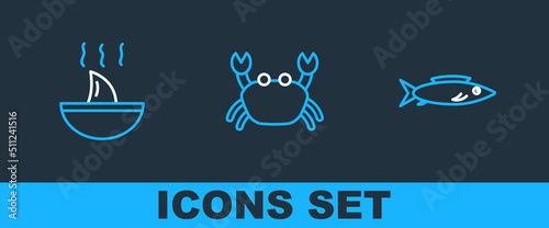 Set line Fish, Shark fin soup and Crab icon. Vector