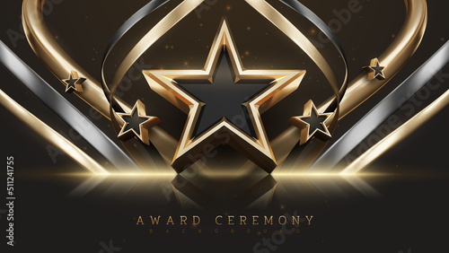 Award ceremony background with 3d gold star and ribbon element and glitter light effect decoration.