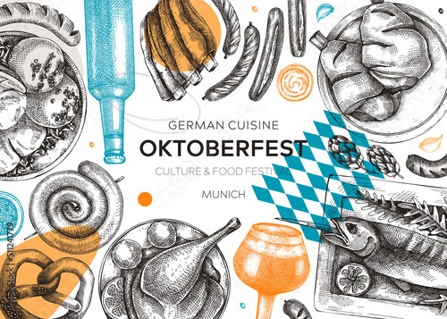 German food background in collage style. Oktoberfest menu trendy design. Vector meat dishes sketches and geometric shapes. German cuisine modern banner. Traditional Food festival illustration.