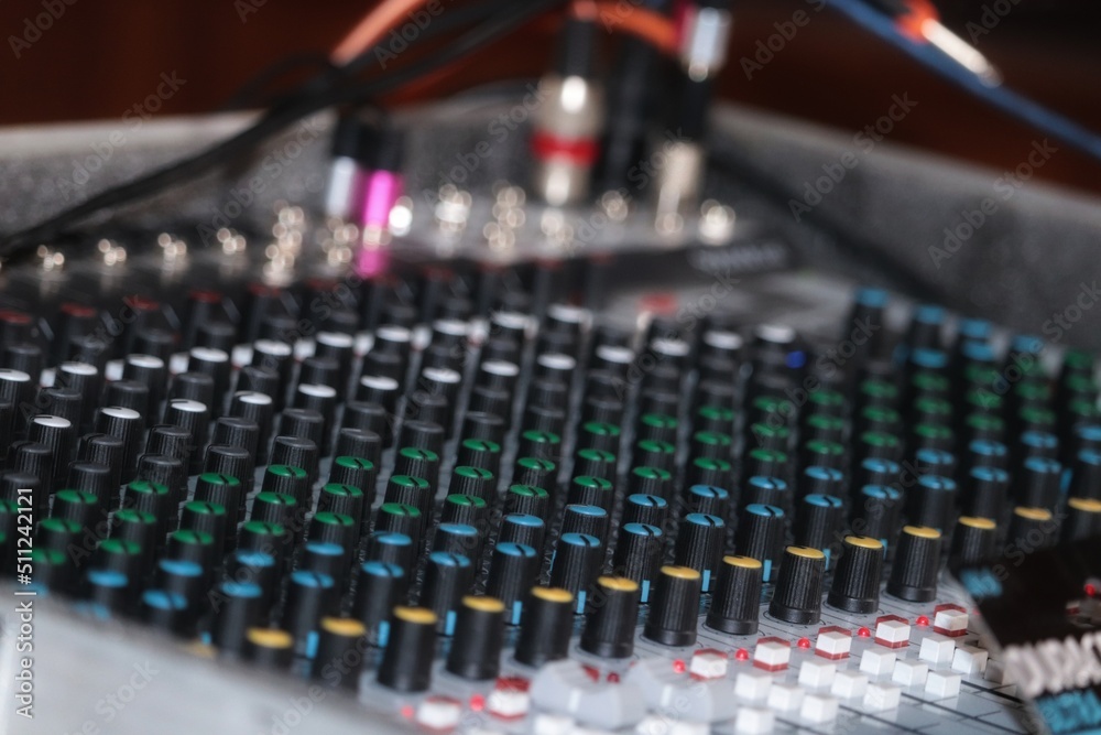 audio mixer console colour Background  greens and blues 