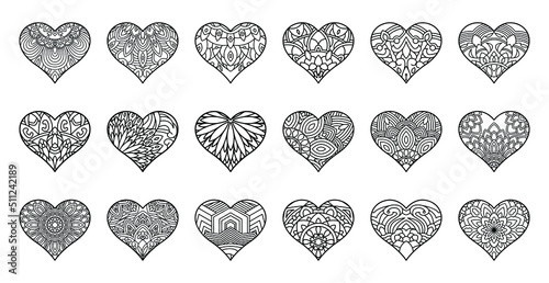 Hand drawn set of hearts mandala zentangle style isolated on white background