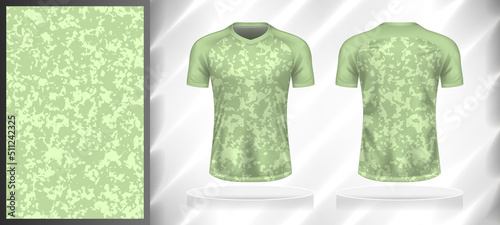 Vector sport pattern design template for T-shirt front and back view mockup. Dark and light shades of green color camouflage texture background illustration.