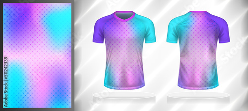 Vector sport pattern design template for T-shirt front and back view mockup. Pink-blue sky-purple color gradient grid line texture background illustration.