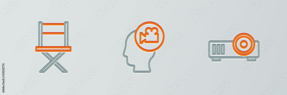 Set line Media projector, Director movie chair and Head with camera icon. Vector Set line Media projector, Director movie chair and Head with camera icon. Vector
