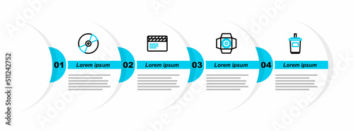 Set line Paper glass with water, Movie spotlight, clapper and CD or DVD disk icon. Vector