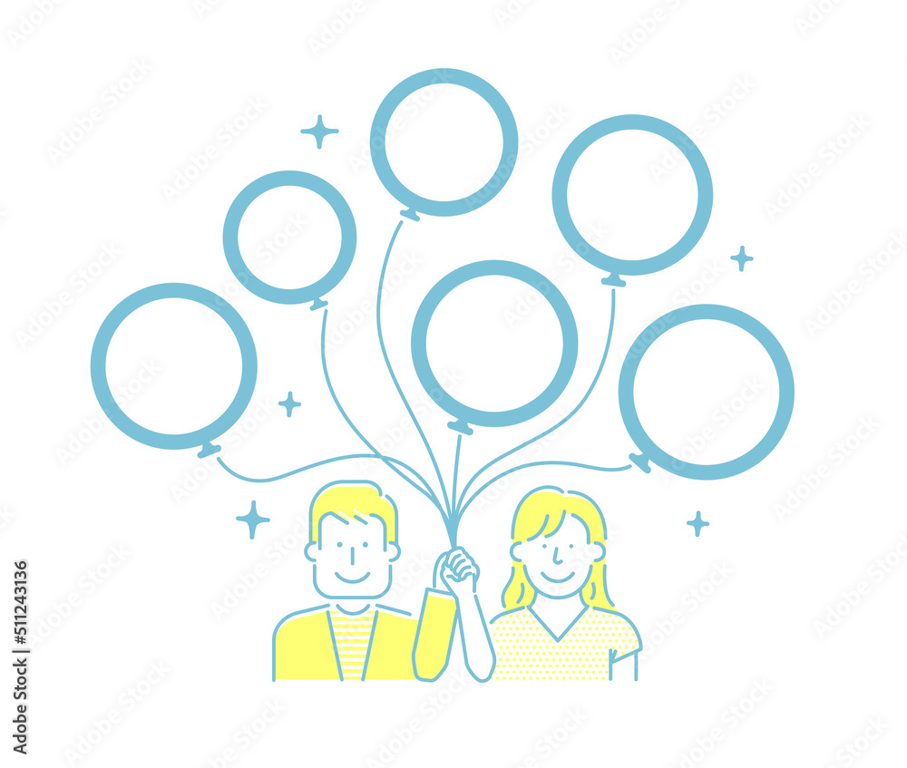 Vector illustration of young couple with many balloons (design space inside balloons) Vector illustration of young couple with many balloons (design space inside balloons)