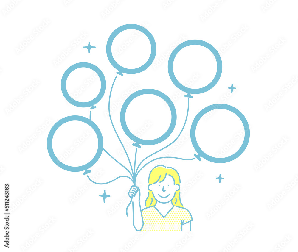 Vector illustration of young woman with many balloons (design space inside balloons)