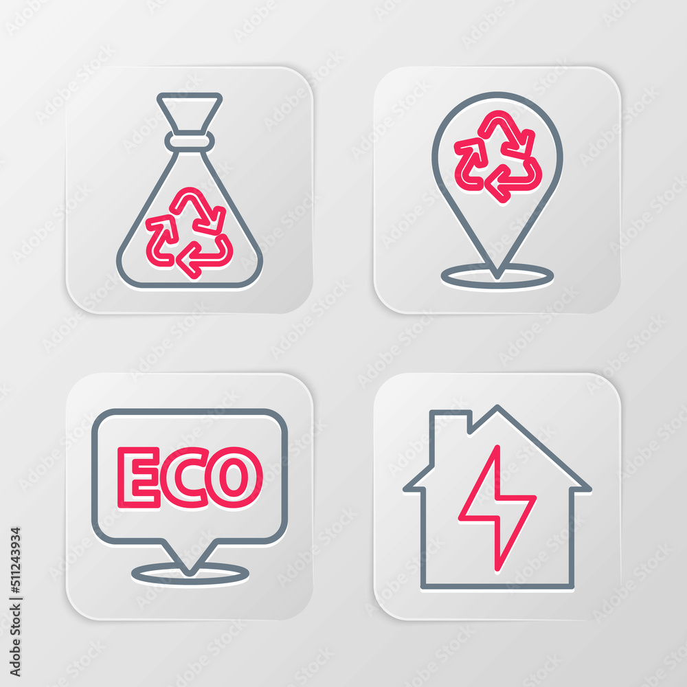 Set line House and lightning, Label for eco healthy food, Recycle and Garbage bag with recycle icon. Vector Set line House and lightning, Label for eco healthy food, Recycle and Garbage bag with recycle icon. Vector