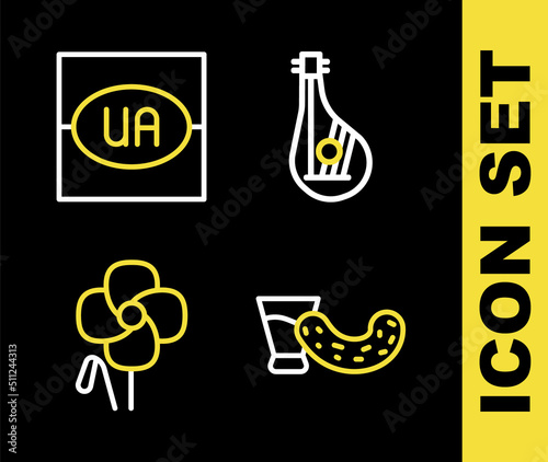 Set line Bandura, Glass with vodka, Poppy flower and Flag of Ukraine icon. Vector
